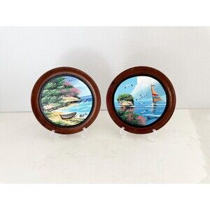 Vintage Signed Mini Wall Painting on Wood Set of 2 Round Coastal Beach Art
